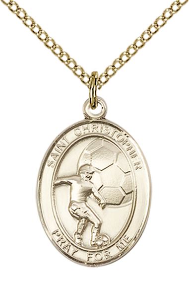 14KT GOLD FILLED ST CHRISTOPHER-SOCCER PENDANT WITH CHAIN - 3/4" x 1/2"