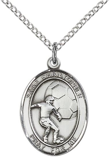 STERLING SILVER ST CHRISTOPHER-SOCCER PENDANT WITH CHAIN - 3/4" x 1/2"