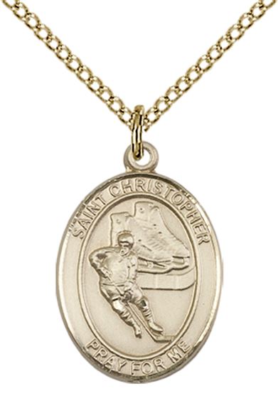 14KT GOLD FILLED ST CHRISTOPHER-HOCKEY PENDANT WITH CHAIN - 3/4" x 1/2"