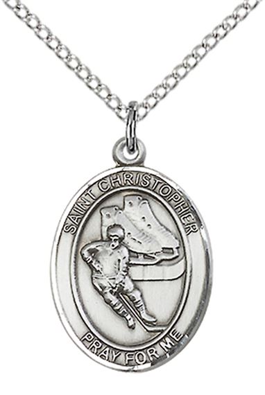 STERLING SILVER ST CHRISTOPHER-HOCKEY PENDANT WITH CHAIN - 3/4" x 1/2"