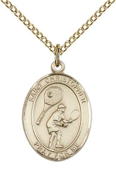14KT GOLD FILLED ST CHRISTOPHER-TENNIS PENDANT WITH CHAIN - 3/4" x 1/2"