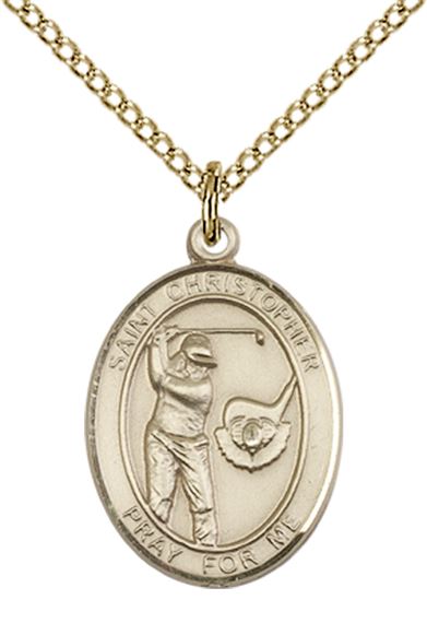 14KT GOLD FILLED ST CHRISTOPHER-GOLF PENDANT WITH CHAIN - 3/4" x 1/2"