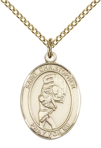 14KT GOLD FILLED ST CHRISTOPHER-SOFTBALL PENDANT WITH CHAIN - 3/4" x 1/2"