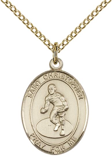 14KT GOLD FILLED ST CHRISTOPHER-WRESTLING PENDANT WITH CHAIN - 3/4" x 1/2"