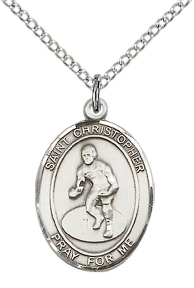 STERLING SILVER ST CHRISTOPHER-WRESTLING PENDANT WITH CHAIN - 3/4" x 1/2"