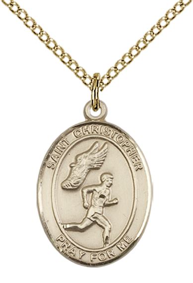 14KT GOLD FILLED ST CHRISTOPHER-TRACK & FIELD-MEN PENDANT WITH CHAIN - 3/4" x 1/2"