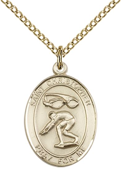 14KT GOLD FILLED ST CHRISTOPHER-SWIMMING PENDANT WITH CHAIN - 3/4" x 1/2"