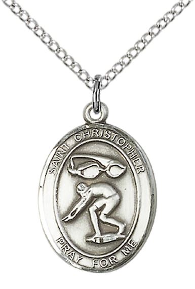 STERLING SILVER ST CHRISTOPHER-SWIMMING PENDANT WITH CHAIN - 3/4" x 1/2"