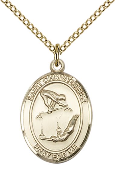 14KT GOLD FILLED ST CHRISTOPHER-GYMNASTIC PENDANT WITH CHAIN - 3/4" x 1/2"
