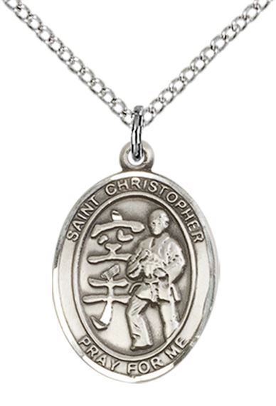 STERLING SILVER ST CHRISTOPHER KARATE MEDAL - 3/4" x 1/2"
