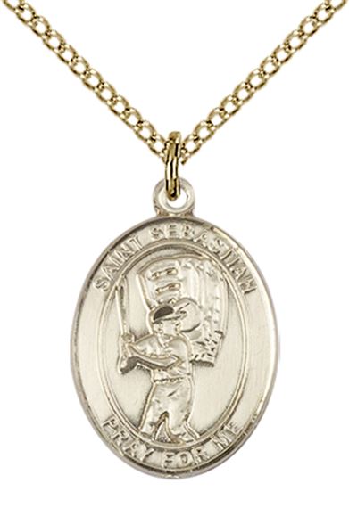 14KT GOLD FILLED ST SEBASTIAN BASEBALL PENDANT WITH CHAIN - 3/4" x 1/2"