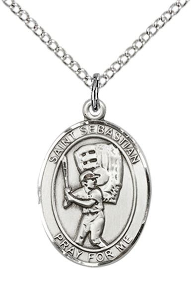 STERLING SILVER ST SEBASTIAN BASEBALL PENDANT WITH CHAIN - 3/4" x 1/2"