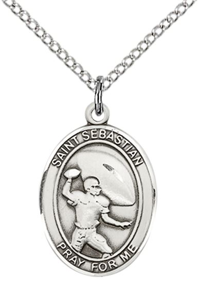 STERLING SILVER ST SEBASTIAN FOOTBALL MEDAL - 3/4" x 1/2"
