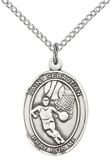 STERLING SILVER ST SEBASTIAN BASKETBALL MEDAL - 3/4" x 1/2"