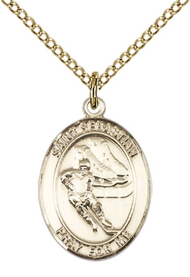 14KT GOLD FILLED ST SEBASTIAN HOCKEY MEDAL - 3/4" x 1/2"