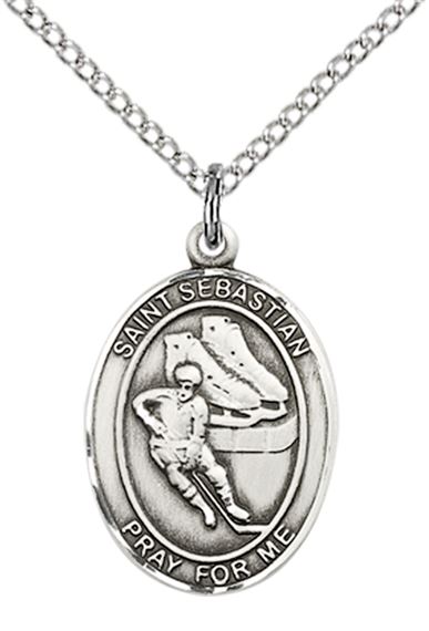 STERLING SILVER ST SEBASTIAN HOCKEY MEDAL - 3/4" x 1/2"