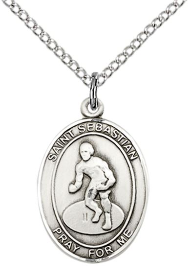 STERLING SILVER ST SEBASTIAN WRESTLING MEDAL - 3/4" x 1/2"