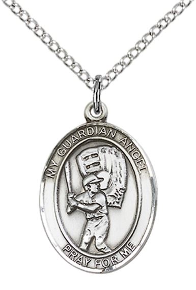 STERLING SILVER GUARDIAN ANGEL BASEBALL PENDANT WITH CHAIN - 3/4" x 1/2"