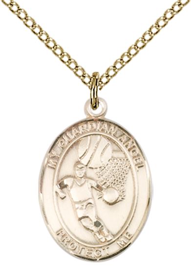 14KT GOLD FILLED GUARDIAN ANGEL BASKETBALL PENDANT WITH CHAIN - 3/4" x 1/2"
