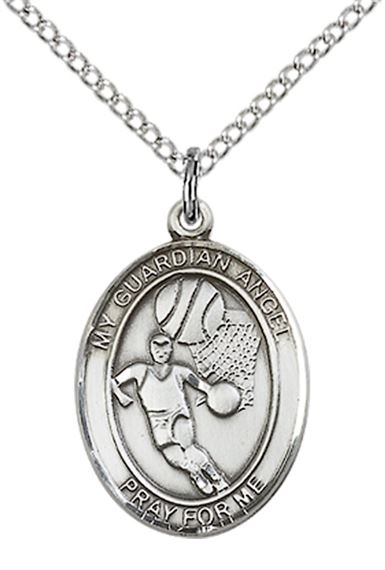 STERLING SILVER GUARDIAN ANGEL BASKETBALL PENDANT WITH CHAIN - 3/4" x 1/2"