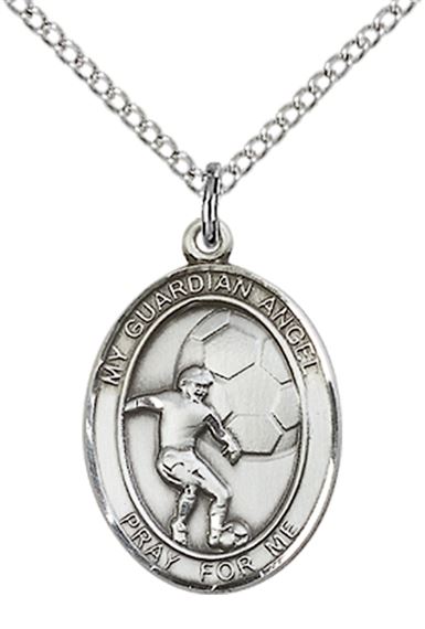 STERLING SILVER GUARDIAN ANGEL SOCCER PENDANT WITH CHAIN - 3/4" x 1/2"