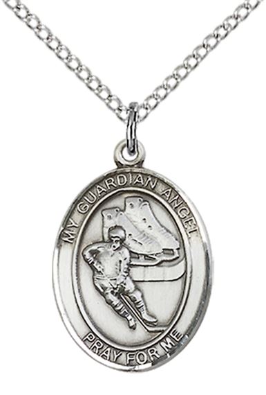 STERLING SILVER GUARDIAN ANGEL HOCKEY PENDANT WITH CHAIN - 3/4" x 1/2"