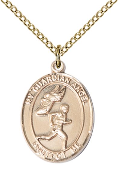 14KT GOLD FILLED GUARDIAN ANGEL TRACK&FIELD-MEN PENDANT WITH CHAIN - 3/4" x 1/2"