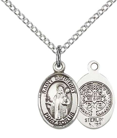 STERLING SILVER ST BENEDICT PENDANT WITH CHAIN - 1/2" x 1/4"