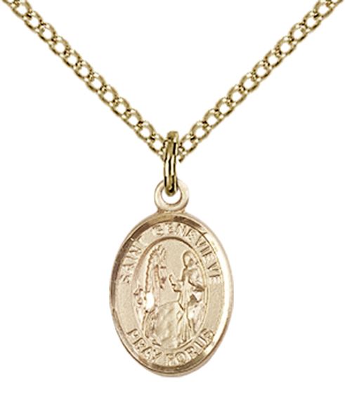 14KT GOLD FILLED ST GENEVIEVE PENDANT WITH CHAIN - 1/2" x 1/4"