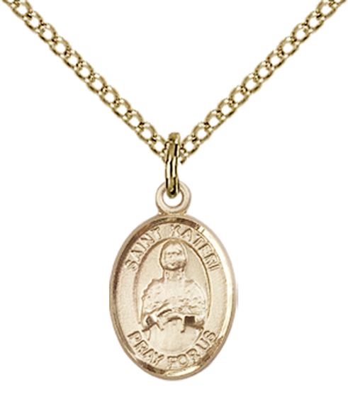 14KT GOLD FILLED ST KATERI PENDANT WITH CHAIN - 1/2" x 1/4"