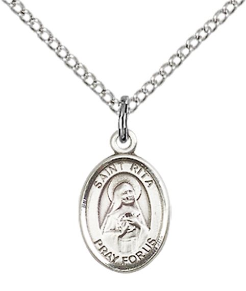 STERLING SILVER ST RITA OF CASCIA PENDANT WITH CHAIN - 1/2" x 1/4"