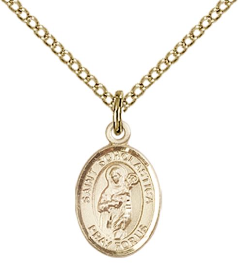 14KT GOLD FILLED ST SCHOLASTICA PENDANT WITH CHAIN - 1/2" x 1/4"