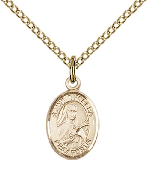 14KT GOLD FILLED ST THERESA PENDANT WITH CHAIN - 1/2" x 1/4"