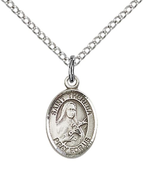 STERLING SILVER ST THERESA PENDANT WITH CHAIN - 1/2" x 1/4"
