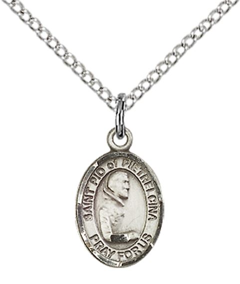 STERLING SILVER ST PIO OF PIETRELCINA PENDANT WITH CHAIN - 1/2" x 1/4"