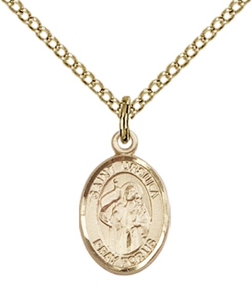 14KT GOLD FILLED ST URSULA PENDANT WITH CHAIN - 1/2" x 1/4"
