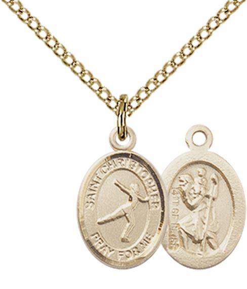 14KT GOLD FILLED ST CHRISTOPHER-FIGURE SKATING PENDANT WITH CHAIN - 1/2" x 1/4"