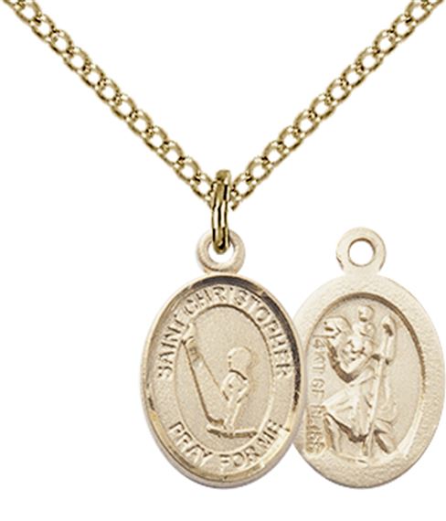 14KT GOLD FILLED ST CHRISTOPHER-GYMNASTICS PENDANT WITH CHAIN - 1/2" x 1/4"