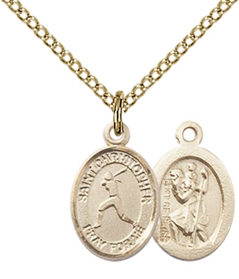 14KT GOLD FILLED ST CHRISTOPHER-SOFTBALL PENDANT WITH CHAIN - 1/2" x 1/4"
