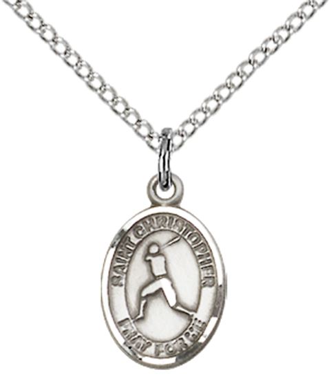 STERLING SILVER ST CHRISTOPHER-BASEBALL PENDANT WITH CHAIN - 1/2" x 1/4"