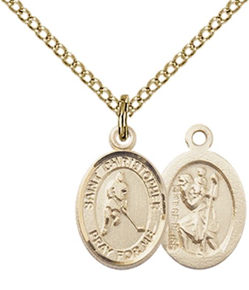14KT GOLD FILLED ST CHRISTOPHER-ICE HOCKEY PENDANT WITH CHAIN - 1/2" x 1/4"