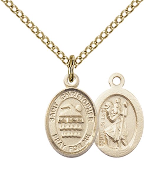14KT GOLD FILLED ST CHRISTOPHER-SWIMMING PENDANT WITH CHAIN - 1/2" x 1/4"