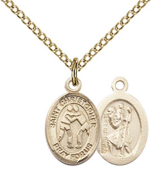 14KT GOLD FILLED ST CHRISTOPHER-WRESTLING PENDANT WITH CHAIN - 1/2" x 1/4"