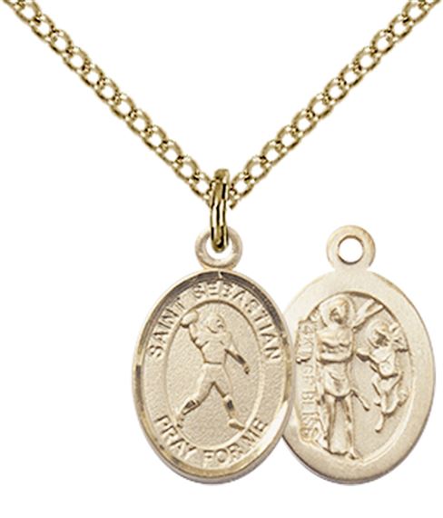 14KT GOLD FILLED ST SEBASTIAN-FOOTBALL PENDANT WITH CHAIN - 1/2" x 1/4"