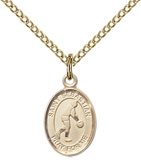 14KT GOLD FILLED ST SEBASTIAN-BASKETBALL PENDANT WITH CHAIN - 1/2" x 1/4"