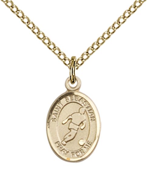 14KT GOLD FILLED ST SEBASTIAN-SOCCER PENDANT WITH CHAIN - 1/2" x 1/4"