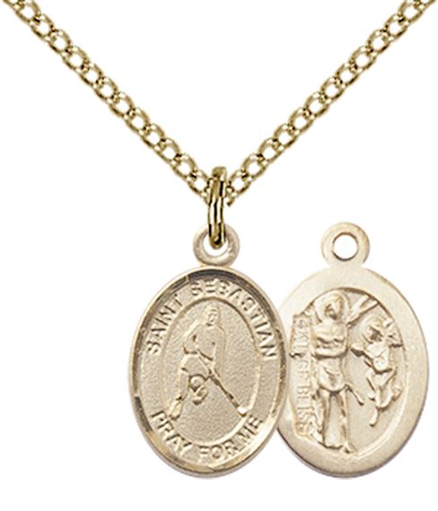 14KT GOLD FILLED ST SEBASTIAN-ICE HOCKEY PENDANT WITH CHAIN - 1/2" x 1/4"