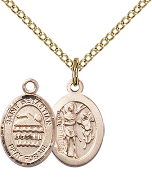 14KT GOLD FILLED ST SEBASTIAN-SWIMMING PENDANT WITH CHAIN - 1/2" x 1/4"