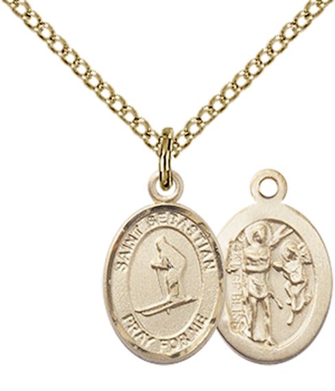 14KT GOLD FILLED ST SEBASTIAN-SKIING PENDANT WITH CHAIN - 1/2" x 1/4"