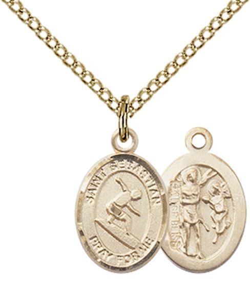 14KT GOLD FILLED ST SEBASTIAN-SURFING PENDANT WITH CHAIN - 1/2" x 1/4"